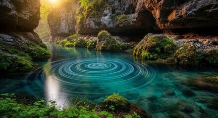 Tranquil turquoise river with circular water ripples among mossy rocks
