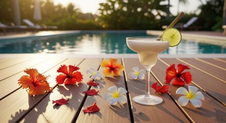 Tropical cocktail with hibiscus flowers on wooden poolside deck