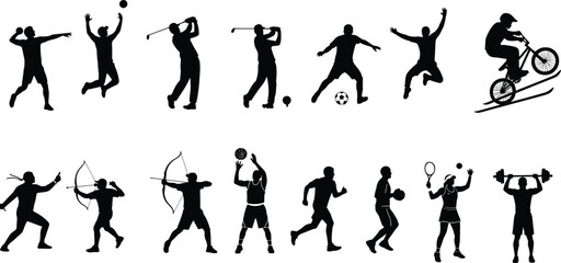 Athletic sports silhouette collection of active men performing various outdoor and indoor sports and fitness activities
