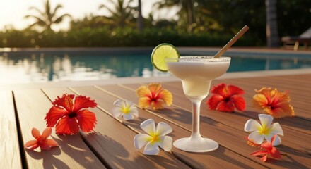 Tropical margarita cocktail with flowers on wooden deck by the pool