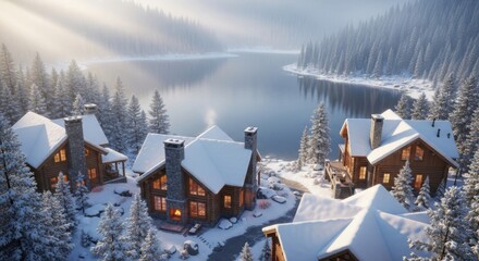 Winter wonderland log cabins on a lake