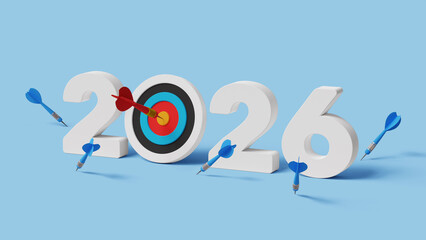 Fototapeta premium Learn from Mistakes, Aim for Success, DO NOT Miss Opportunities, Clear Road map, Strategic Planning, Career Goals, Motivation. 2026 with Bullseye Dart Hitting the Target. 3D illustration