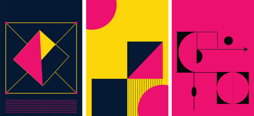 Dark & Neon Abstract Geometry Poster Set &ndash; High-Contrast Yellow, Pink & Navy Swiss Layouts