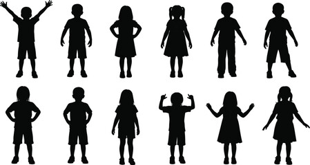 Children silhouettes set showing boys and girls standing happy playful kids poses isolated on white background concept © Its Pro Here