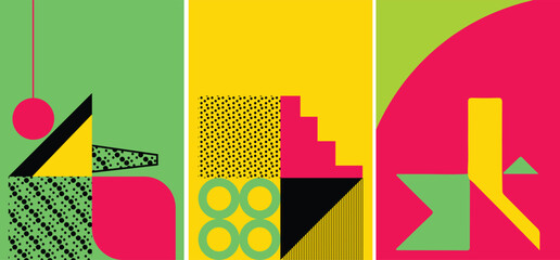 Neon Swiss Geometric Poster Set &ndash; Bold Abstract Shapes in Vibrant Green, Yellow & Hot Pink