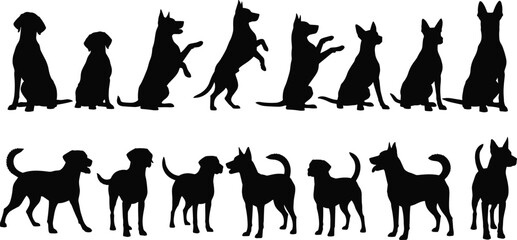 Dog silhouette collection showing sitting, standing, walking, jumping and training poses of different breeds isolated on white background