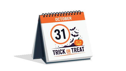 Halloween desk calendar showing October 31st with a carved pumpkin, flying bats, and 'TRICK OR TREAT' message
