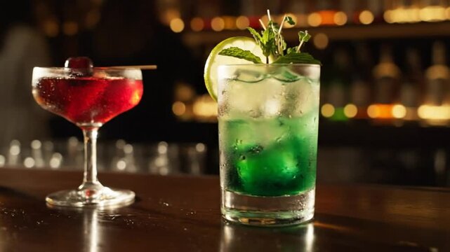 Three refreshing cocktails on a bar, close-up with a professional bartender background and blurred lights - Powered by Adobe