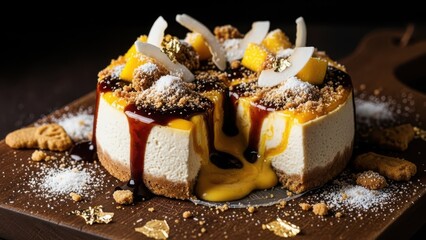 Delicious mango cheesecake slice with caramel drizzle, crumble topping, and white chocolate shards on a dark wooden board, closeup studio shot