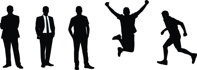 Man silhouettes set showing standing jumping running success energy confidence lifestyle isolated on white background motivation concept