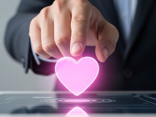 Hand touching a glowing pink heart icon above a digital screen, representing love, emotion, social media likes, or online dating.