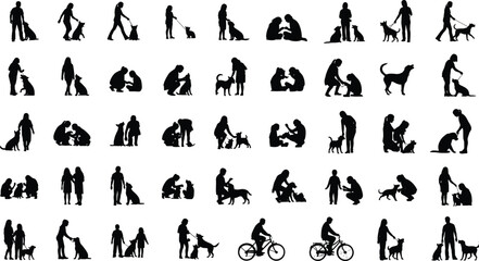 People with dogs silhouettes set showing walking training playing pets lifestyle family love isolated on white background concept