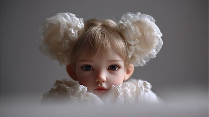 Fototapeta premium Ethereal Fantasy Portrait of Doll-Like Character with Porcelain Skin, Lace Headdress, and Expressive Eyes on Dark Background