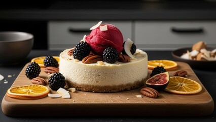 Individual cheesecake topped with a scoop of bright red berry sorbet, fresh blackberries, pecans, and coconut flakes, garnished with dried orange slices on a wooden board in a modern kitchen setting