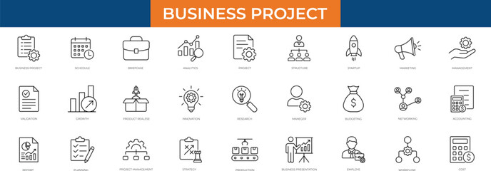 Business project line icon set featuring planning, workflow, strategy, timeline, tasks, management,innovation, information, research, ,and productivity symbols for corporate design needs.