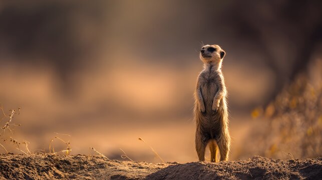 Alert meerkat surveys vast savannah landscape bathed in soft morning light a captivating wildlife portrait - Powered by Adobe