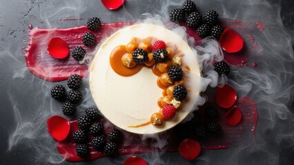 Gourmet blackberry cheesecake dessert with caramel swirl, dry ice smoke effect, and red berry accents on a dark, dramatic background, highangle view