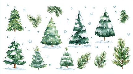 Fototapeta premium Watercolor illustration of snowy pine trees and branches with scattered snowflakes on white background