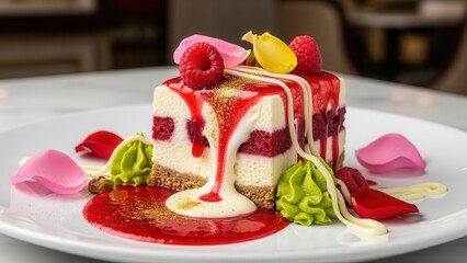 Slice of red velvet cheesecake or layered cake with white cream cheese frosting, drizzled with raspberry sauce and garnished with fresh raspberries and edible flowers on a white plate