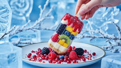 Hand holding a colorful fruit popsicle with berries and kiwi, served on a white plate with scattered red currants and blackberries, ice sculptures background