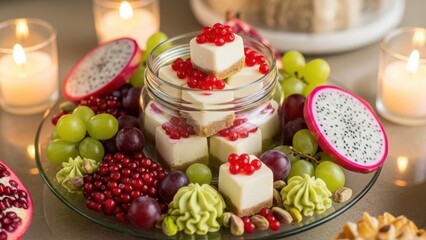 Delicious individual cheesecake desserts with fresh red currants, grapes, and dragon fruit slices arranged beautifully on a glass plate with soft candlelight ambiance.