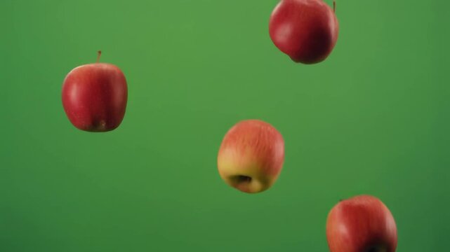 Red apples falling on green screen