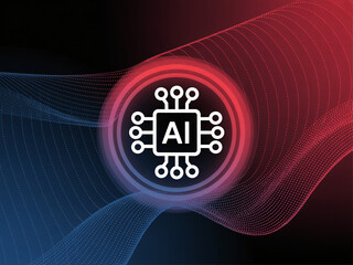 A central AI chip icon with glowing red and blue light, surrounded by abstract digital waves on a gradient background.