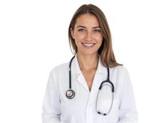 Medical professional wearing lab coat and stethoscope smiles in the clinic during daytime