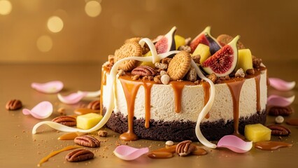 Decadent caramel cheesecake with a dark crust, topped with fresh figs, pecans, cookies, and white chocolate swirls, elegantly presented on a gold surface with scattered pecan halves and pink petals