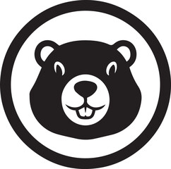 Black and white silhouette icon of a friendly beaver face inside a circle