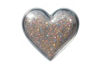 Glittering heart with colorful confetti on transparent background