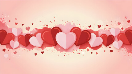 Romantic background of vibrant red and pink hearts floating on a pastel surface