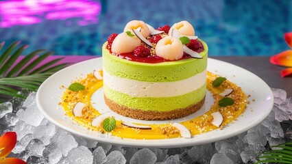 Vibrant layered green and white mousse cake topped with fresh lychees and raspberry sauce, served on ice next to a swimming pool with colorful lighting for a tropical dessert experience