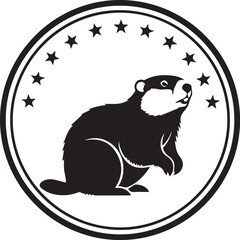 Stylized silhouette of a groundhog in a circle with stars