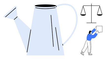 Balance concept. Visual elements of a watering can, scales, and a person moving a box balance in growth and decision-making. Balance in life, justice, growth, decisions, and responsibility