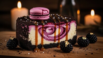 Decadent slice of dark chocolate cheesecake with a vibrant purple swirl, topped with a pink macaron and garnished with blackberries with gold leaf, set against a warm, candlelit background
