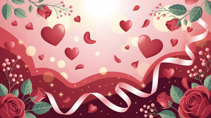 Romantic hearts and red rose petals falling on a pink and red background