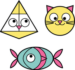 Fototapeta premium Set of funny cartoon animal vector icons with star, sun, and smiling yellow cat face illustration design