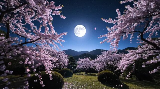Tranquil Night Scene of Cherry Blossom Trees in Full Bloom Under a Glowing Full Moon and Starry Sky