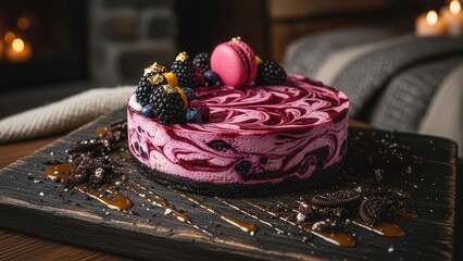 Rich dark berry cheesecake with macaron and blackberries on a rustic wooden board with caramel drizzle, cozy fireplace background