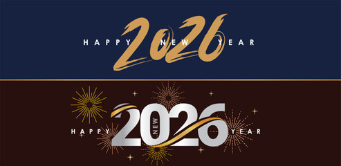 Happy New Year 2026 horizontal banner or header for website, greeting card or poster. 2026 logo text design with handwritten gold numbers 2026 on night blue and maroon color background
