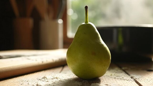 Ripe green pear fruit on rustic wooden table with flour, preparing food at home in sunny kitchen