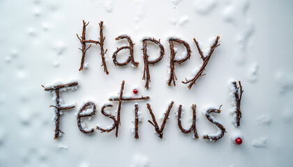 Obraz premium Happy Festivus text formed by twigs on blanket of fresh white snow 