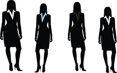 Silhouettes of businesswomen in professional attire with colored collars representing diversity, elegance, career identity, fashion style, and modern workplace
