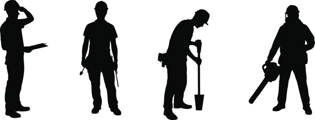 Silhouettes of construction and maintenance workers performing various tasks with tools, representing labor, industry, safety, teamwork, skill, and workflow