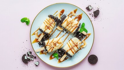 Four bananashaped popsicles drizzled with caramel and topped with crushed dark cookies and mint leaves, served on a light blue plate with scattered crumbs