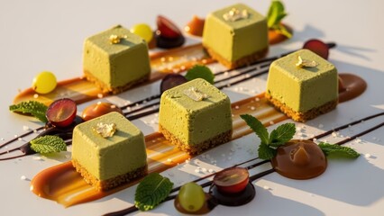 Five square matcha green tea cheesecake bites on a graham cracker crust, artfully arranged with caramel sauce swirls, halved grapes, and mint sprigs on a white plate