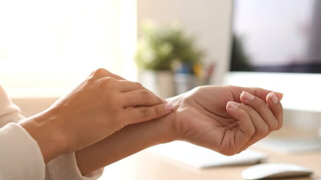 Close up view of woman checking pulse on wrist indoors during daytime in soft natural light