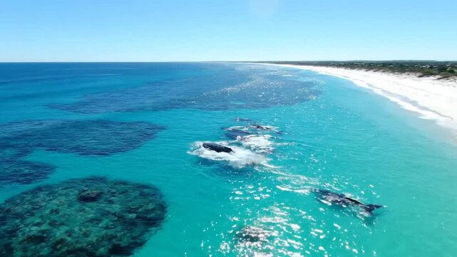 Aerial view of a pod of whales surfacing and swimming in turquoise ocean water near a white sandy beach on a sunny day