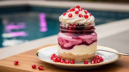 Delicious layered pomegranate dessert in a glass jar with whipped cream topping, served on a plate with scattered seeds, with a blurred swimming pool background